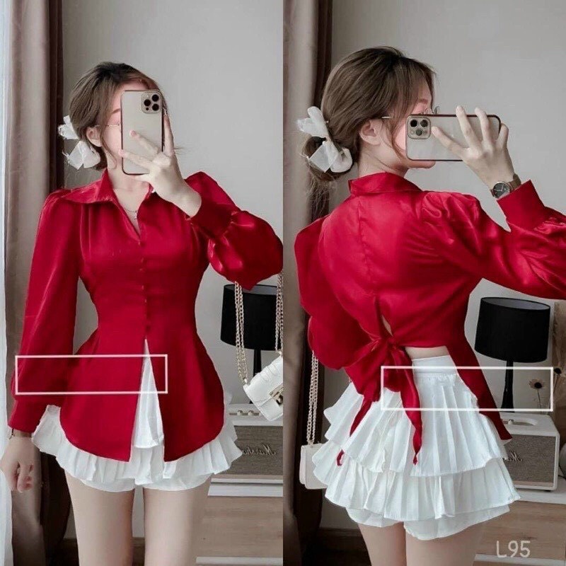 áo sơ mi tiểu thư phi lụa nơ sau phối nút