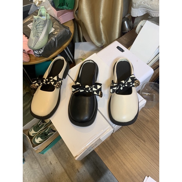 Giày sục Lolita nữ, búp bê hở gót đính nơ da lì cực xinh phong cách thời trang nữ tính