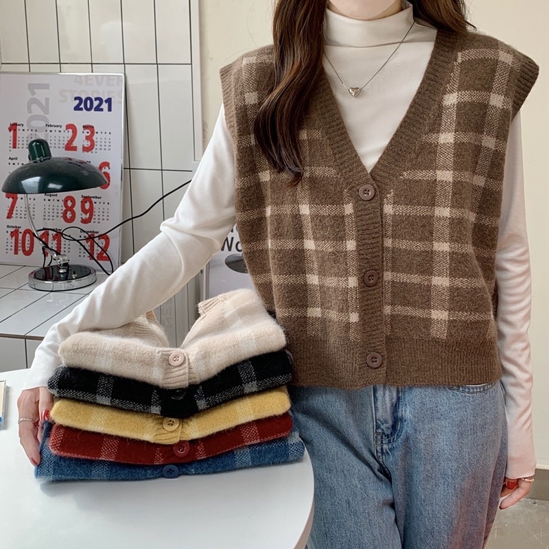 Áo Vest Gile Len Sọc Caro Mang Phong Cách Retro