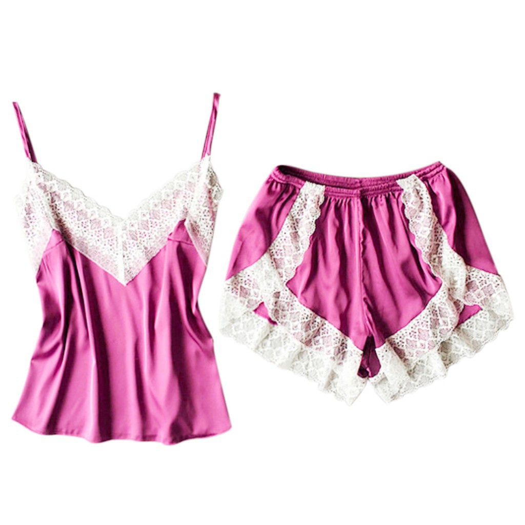 Bộ đồ ngủ phối ren hoa áo 2 dây cổ chữ V + quần ngắn quyến rũ cho nữ | BigBuy360 - bigbuy360.vn