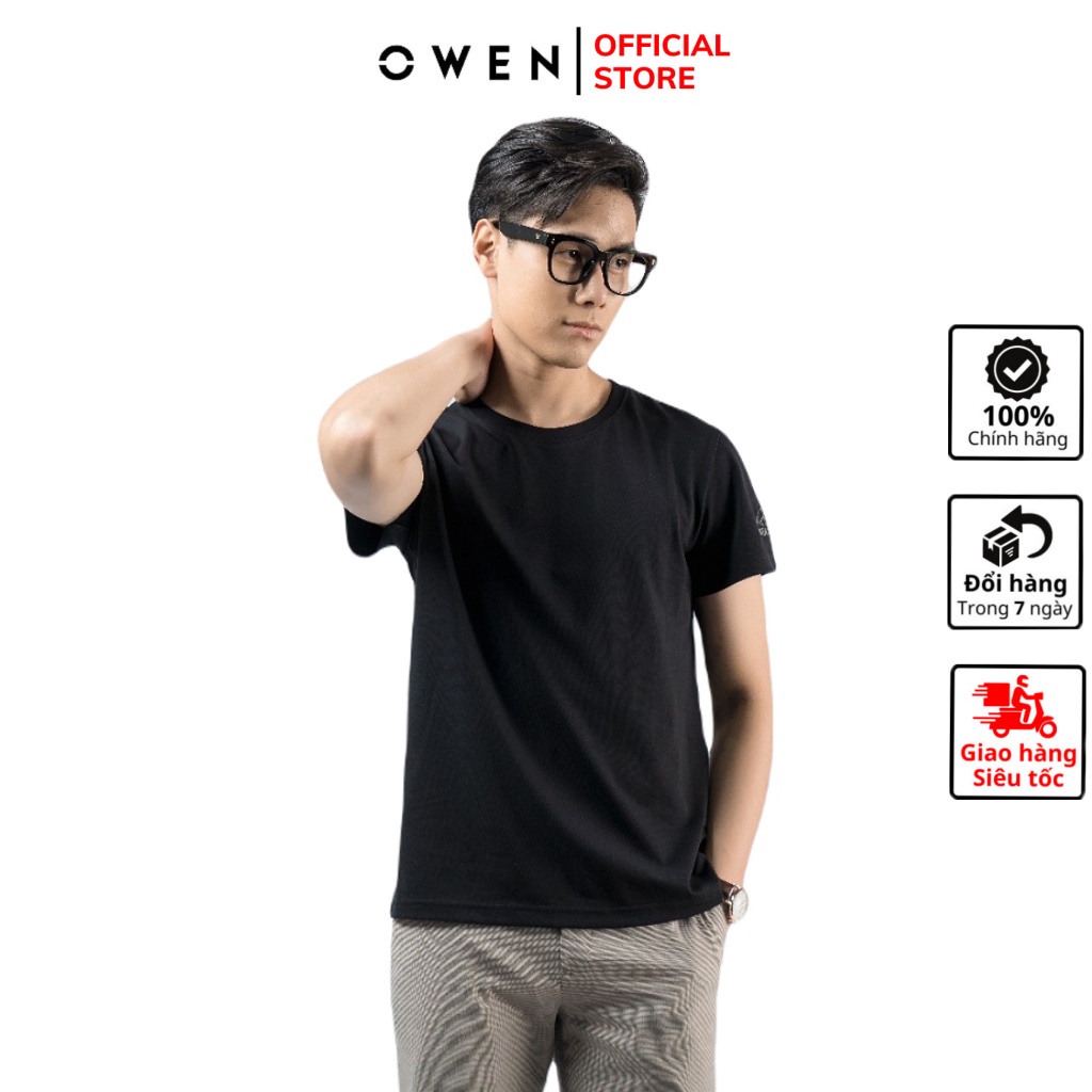Áo thun nam ngắn tay cổ tròn OWEN TSN220387 phông T-shirt vải cotton cao cấp dáng body fit màu đen trơn thêu họa tiết