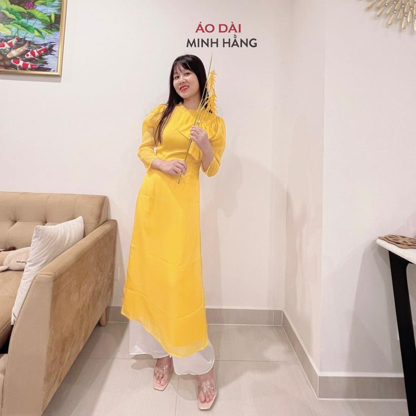 Áo dài cách tân nữ 4 tà tơ óng may sẵn bigsize đính nơ ngực thiết kế tay bồng đẹp nhẹ nhàng, Áo dài Minh Hằng- MH001