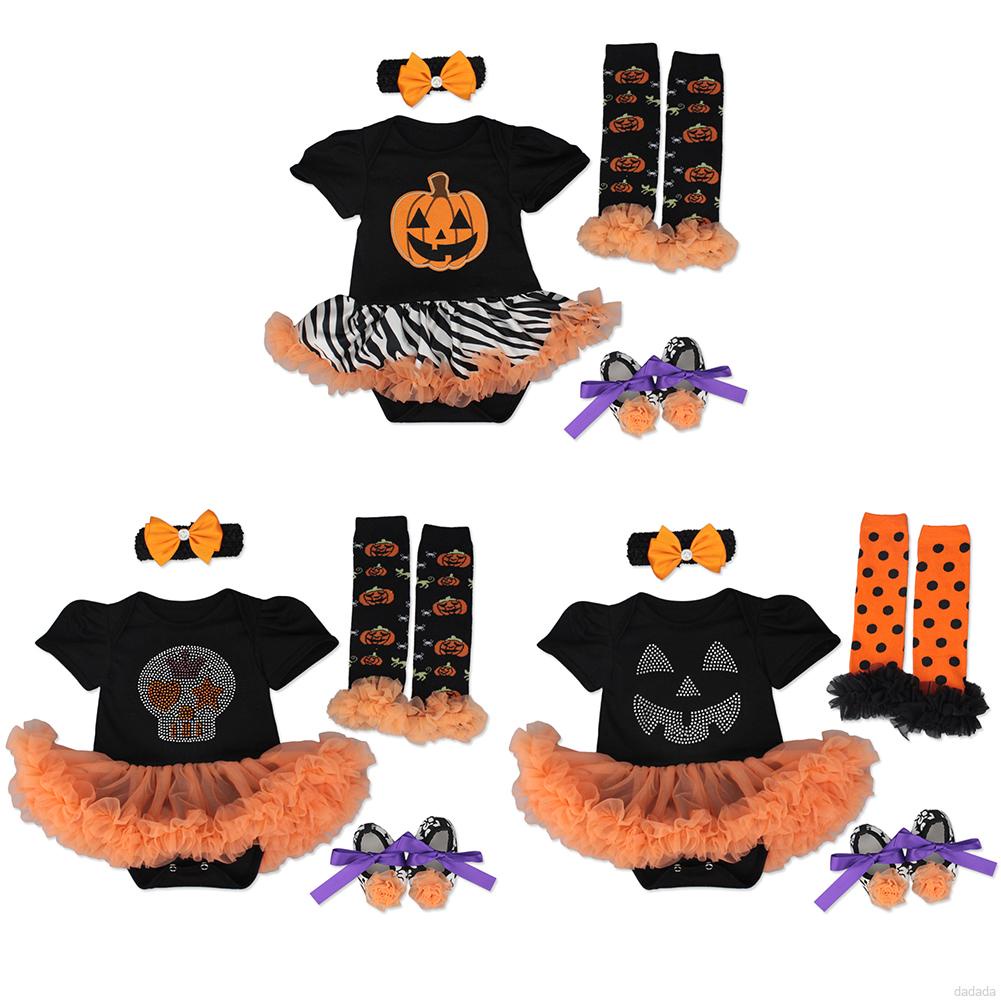 Set 4 món đầm tutu + băng đô + giày giữ ấm chân + giày vải tuyn chủ đề Halloween cho bé gái 0-18 tháng tuổi