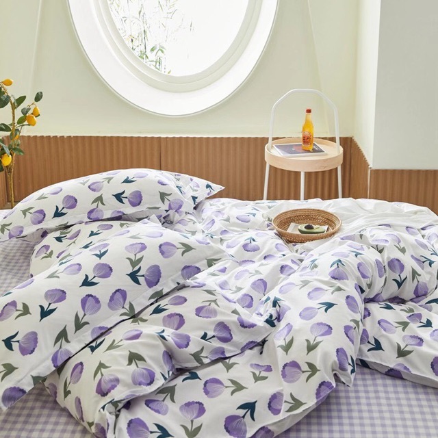Set Chăn Ga Hoa Tuy Líp Tím Ga Kẻ Caro Cotton Poly Nhẹ Nhàng Mềm Mại Siêu Xinh (Shinbedding.shop)
