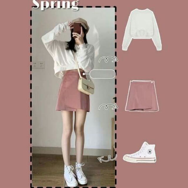 Set áo croptop trắng + chân váy hồng ( không bao gồm giày và túi)