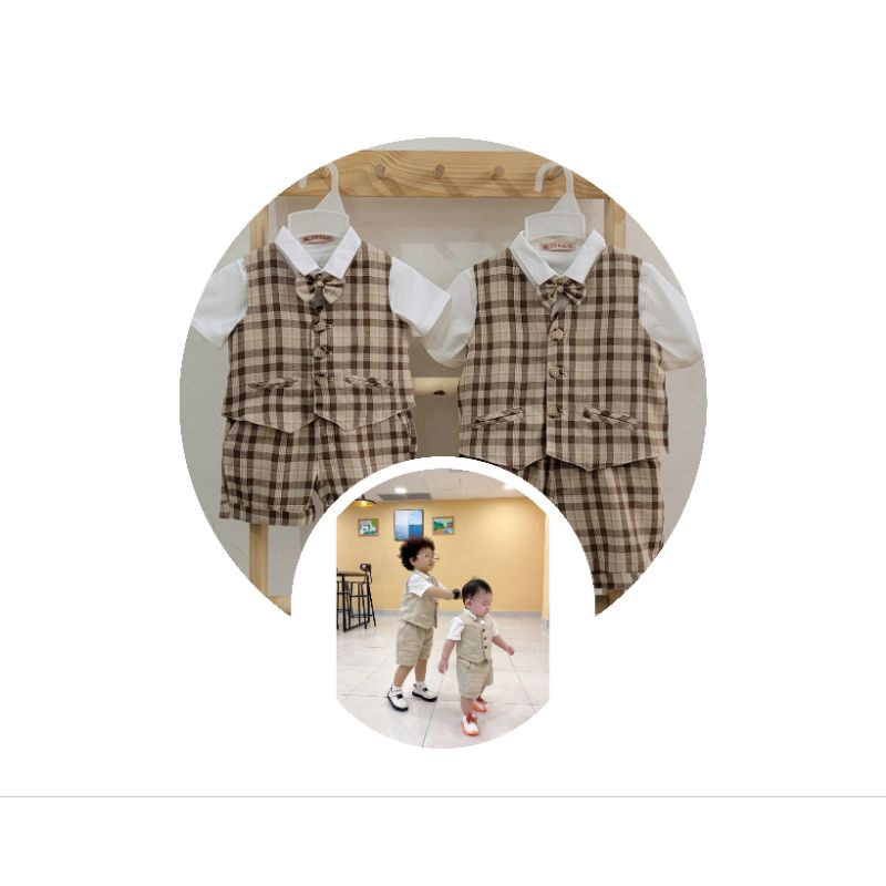 Bộ yếm vest gile công tử đầy tháng thôi nôi bé trai 5-26kg (size cặp bé nhỏ và lớn)