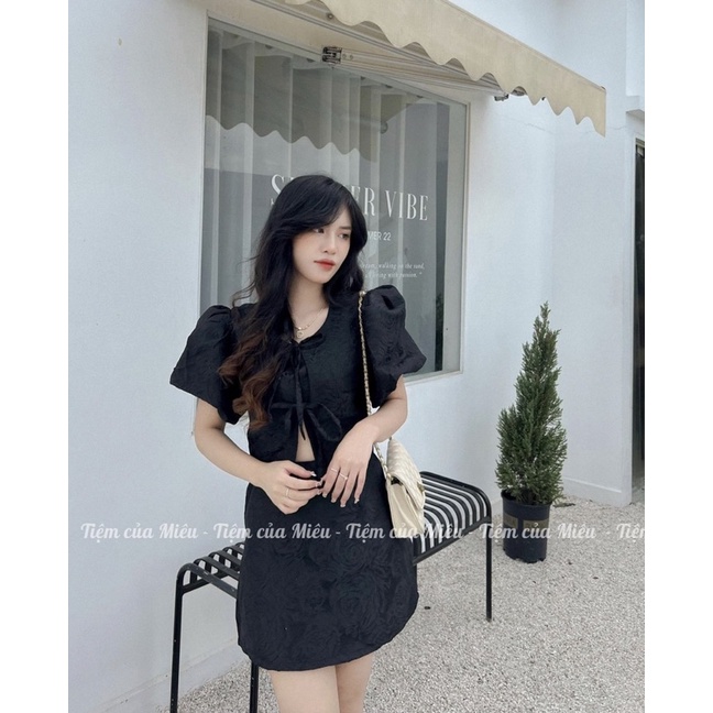 SET ÁO GẤM HOA NỔI CỘT DÂY THẮT NƠ + CHÂN VÁY