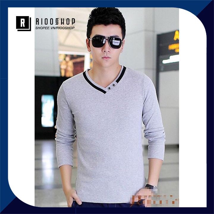 Áo thun nam tay dài hàn quốc cổ tim hai nút cổ RKL013 - áo phông nam dài tay đẹp Riooshop | BigBuy360 - bigbuy360.vn