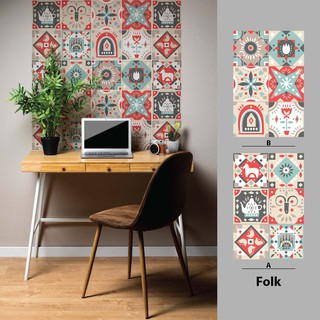 Decal gạch bông màu hồng dân tộc bộ Folk, mẫu lẻ 40x60, 6 ô họa tiết