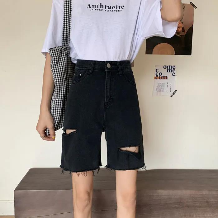 Quần Short Denim Rách Màu Đen Lưng Cao Phong Cách Hàn Quốc Cổ Điển Thời Trang Mùa Hè Cho Nữ