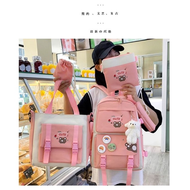 Balo combo 4 món-set balo đi học học sinh sinh viên laptop Ulzzang cute nữ gấu cute