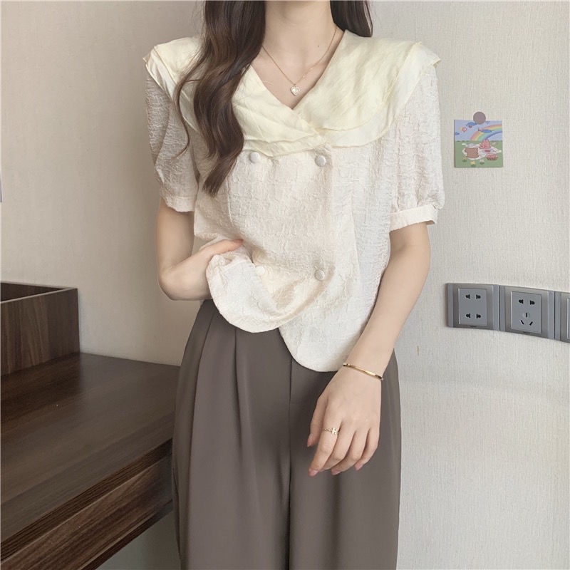 Áo chiffon Ngắn Cổ Lá Sen Phong Cách Pháp Thời Trang Mùa Hè