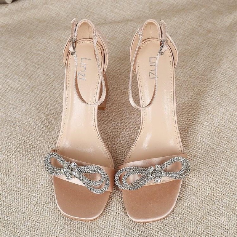 Sandal cao gót satin đính nơ . xuất uk