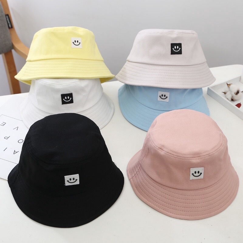 Mũ Nón Bucket Tròn Thêu Hình Mặt Cười Style Hàn Quốc Chất Cotton Cho Người Lớn Và Trẻ Em