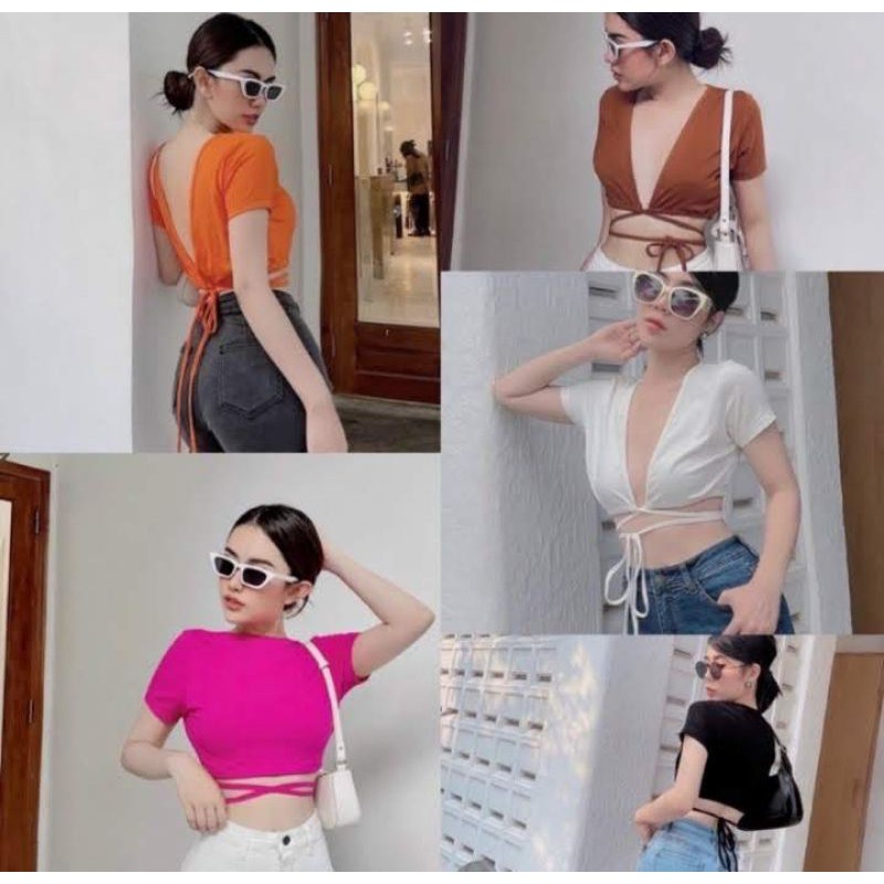 Áo croptop dây quấn eo tay ngắn mặt được 2 kiểu chất borip xịn hàng y hình ( free size từ 40-53kg)