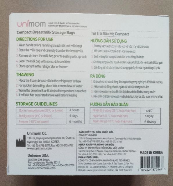 60 - 120 túi trữ sữa Mẹ 210ml UNIMOM COMPACT UM870268 (Made in Korea)