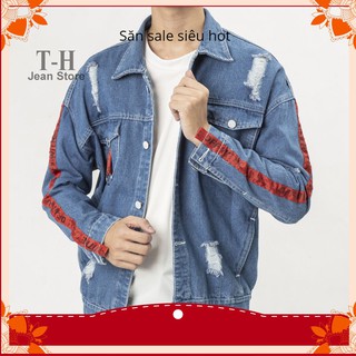 Áo khoác jean nam, áo bò nam thiết kế tay viền đỏ cao cấp AKB23 queen.shop4
