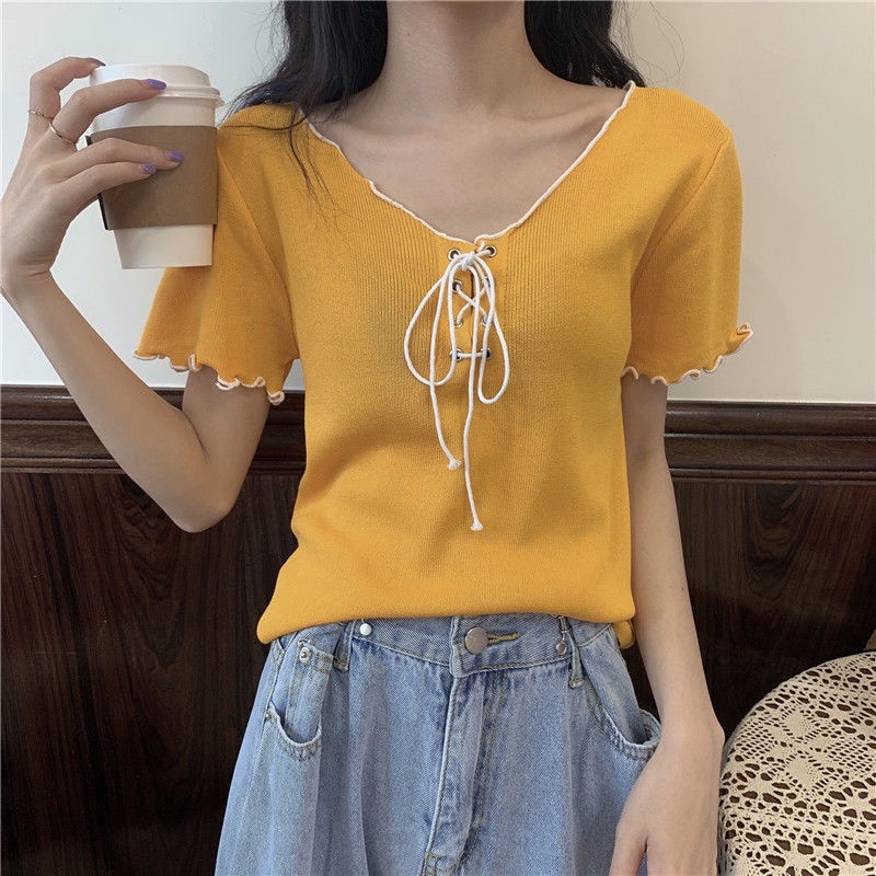 Áo Croptop Dệt Kim Tay Ngắn Cổ Chữ V Màu Trắng Thời Trang Mùa Hè Cho Nữ JH-TX-245