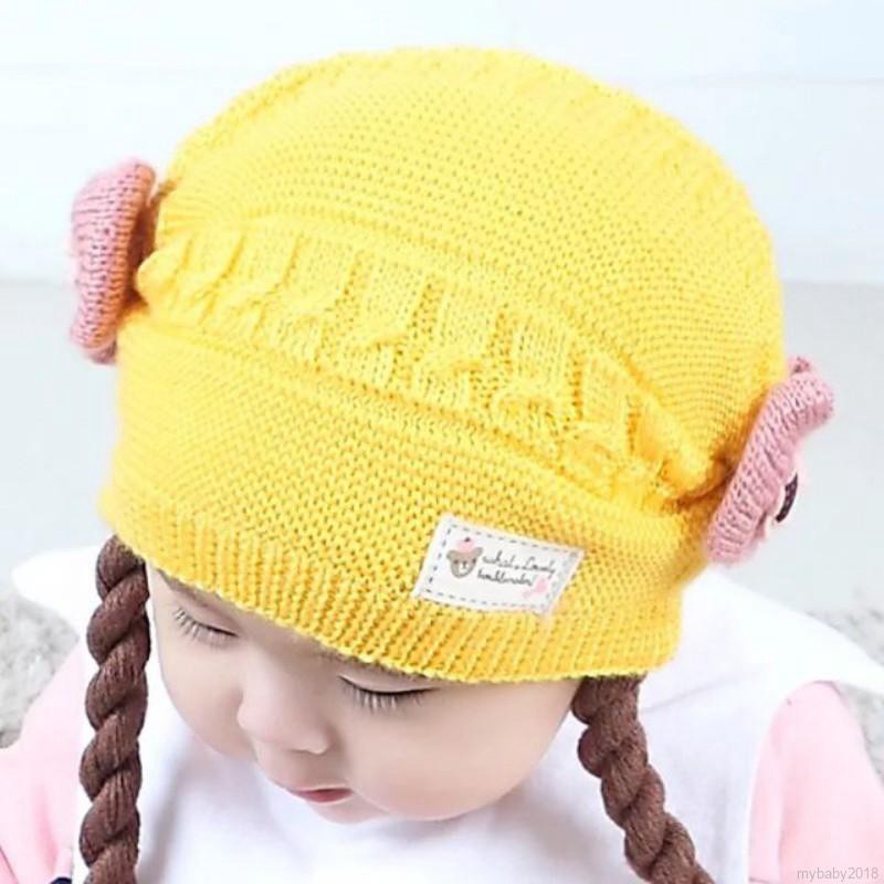 Mũ Cotton Giữ Ấm Mùa Đông Đính Nơ Kèm Tóc Bện Giả Cho Bé Gái