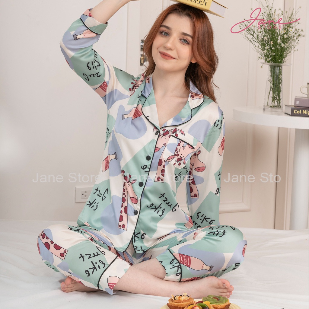Pijama lụa dài tay phối họa tiết tinh tế - Set đồ ngủ Pijama lụa Pháp họa tiết cực sang trọng JANE mã PD10.