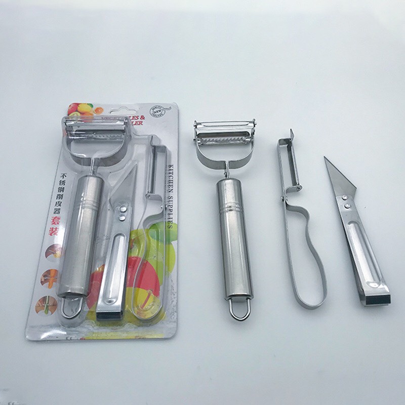 [Set 3 dụng cụ] Nạo rau củ quả inox 3 lưỡi siêu sắc, set nạo củ quả đa năng 3 trong 1