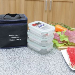 (Made in KOREA ) Bộ 3 hộp thủy tinh 400ml + túi giữ nhiệt GLASSLOCK  lunchset3