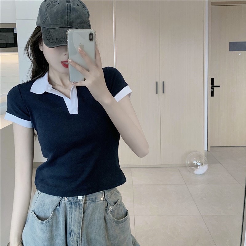 Áo Croptop Polo Cộc Tay Cổ Bẻ Phối Màu Đen Trắng Chất Vải Co Giãn Freesize 40-58kg