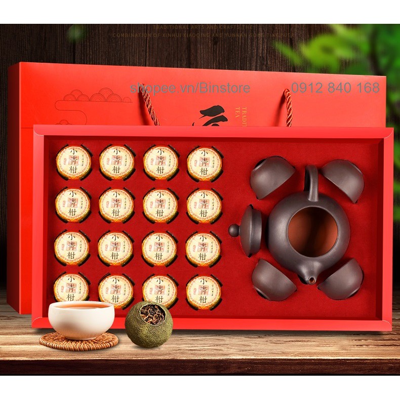 HỘP TRÀ PHỔ NHĨ QUÝT 16 QUẢ TẶNG BỘ ẤM TỬ SA CAO CẤP MANDARIN ORANGE PU ERH TEA  GIFT BOX WITH ELEGANT TEA POT & CUPS