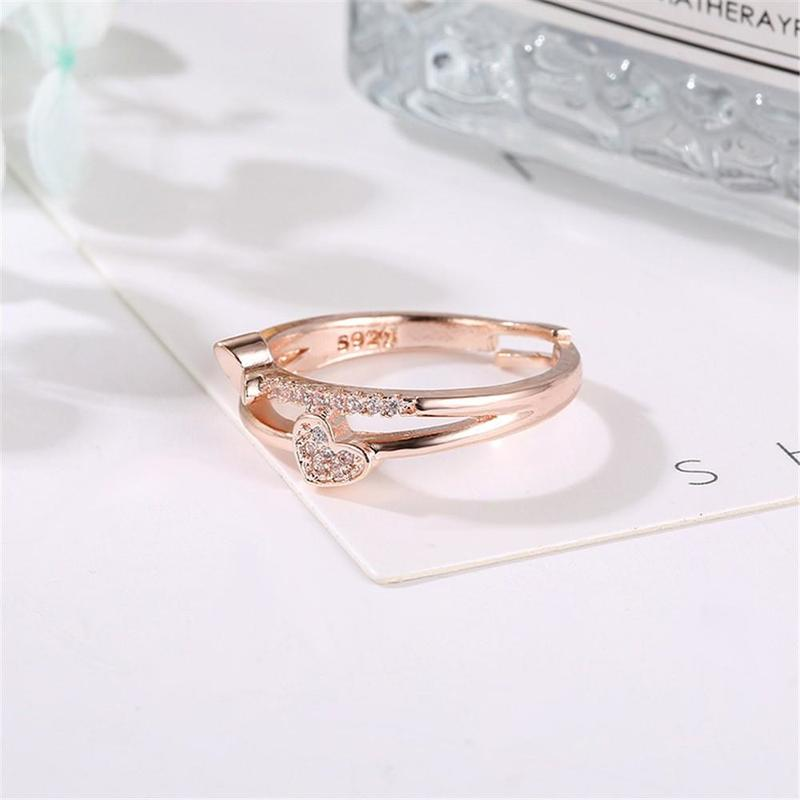 [WHOLESALE] [Women Korean Fashion Double Layer Crystal Heart Open Adjustable Rings ] [ Elegant Ladies Smooth Fine Thin Finger Ring] [Lovely Jewelry Gifts For Girl Friends]