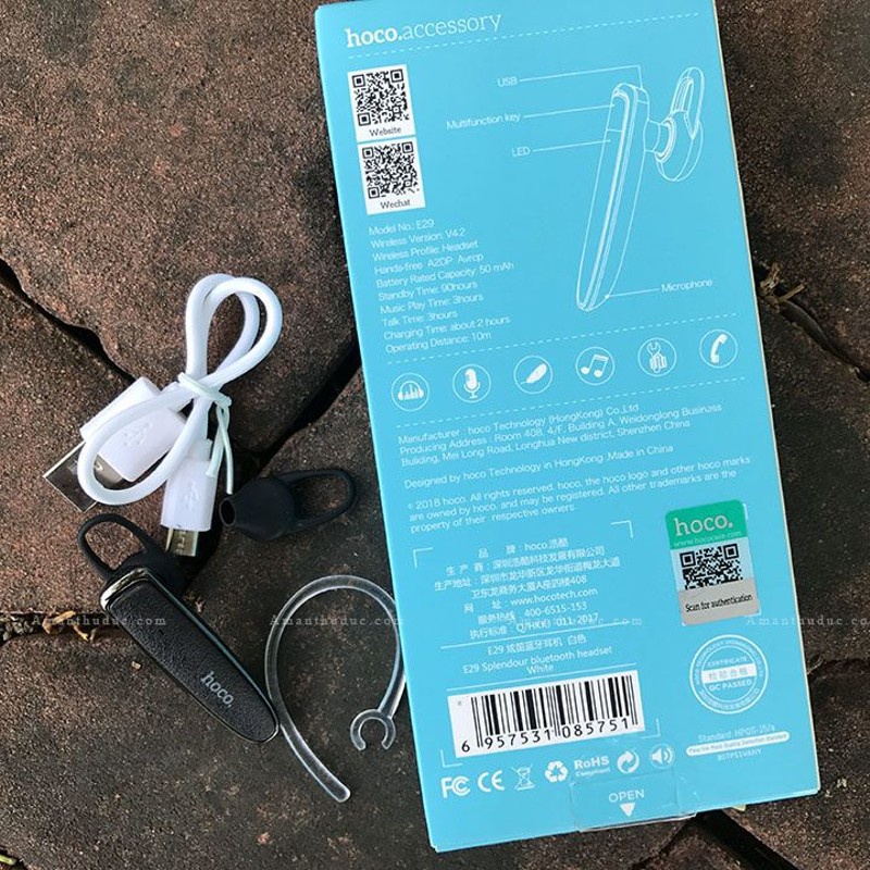 Tai nghe bluetooth hoco E29 không dây chính hãng, bảo hành 6 tháng, có dây đeo gài tai chống rơi, full hộp kèm dây sạc