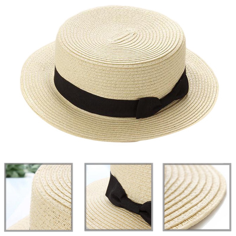 Nón cói rộng vành đan từ sợi rơm có dây ruy băng cho bé