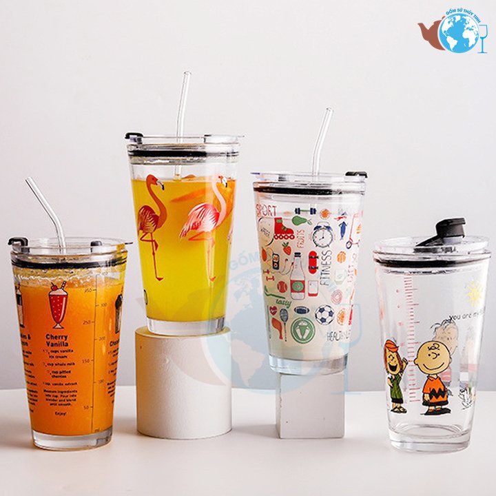 COMBO 2 cốc chia vạch thủy tinh gồm 1 cốc ly lớn và 1 ly nhỏ có quai in hình dễ thương