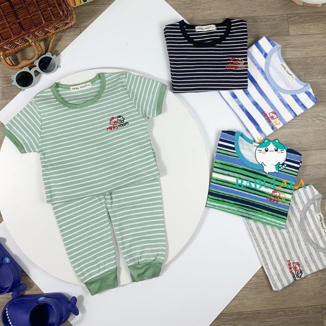 Đồ Bộ Cho Bé Trai Bé Gái Vải Cotton Hàn Minky Mom Tay Ngắn Quần Dài Sọc Kẻ Ngang Dễ Thương-Quần Áo Trẻ Em BABULALA-TN02