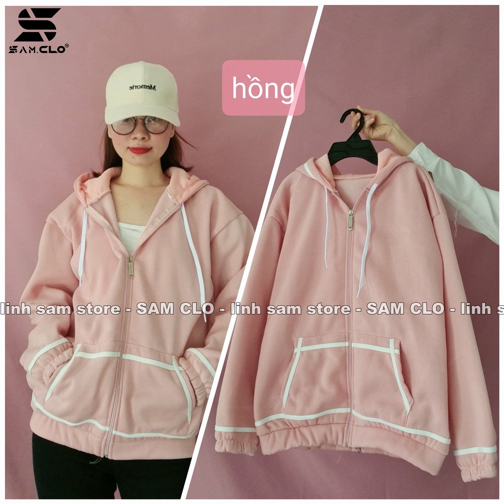 (Dưới 55kg)Áo khoác nỉ SAM CLO có mũ khóa kéo freesize nữ dáng unisex CÓ BO VIỀN TRẮNG