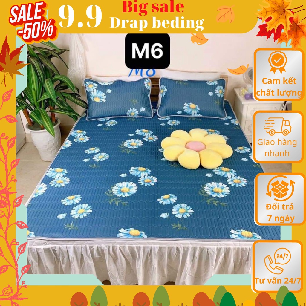 Ga điều hòa có chun cố định 4 góc gồm ga trải giường kích thước 1m6 1m8 tặng kèm 2 áo gối mẫu hoa cúc -drapbeding