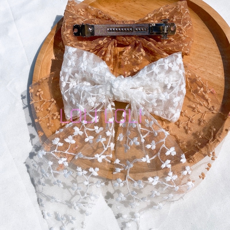 Kẹp tóc nơ ren đuôi dài phong cách cổ điển Loli. Kẹp có 3 nắc tăm giảm phù hợp với tóc ít, nhiều