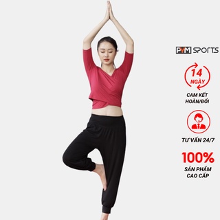 Set đồ nữ tập yoga  tập gym PYM Sports áo croptop tay lửng buộc vạt sau eo, quần dáng alibaba 2 màu đen và đỏ - PYMS005