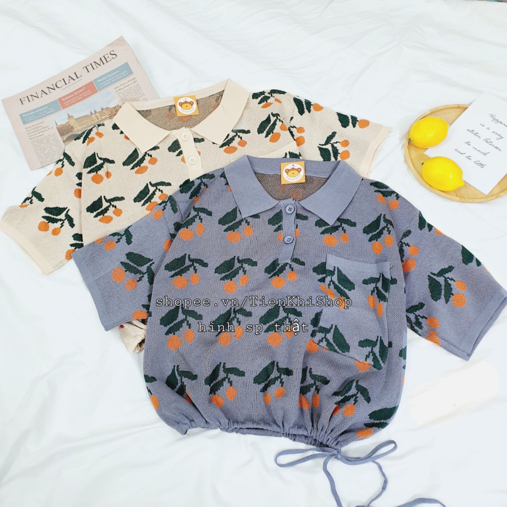 [CÓ SẴN FREESHIP TỪ 50K] Áo kiểu len cổ polo rút dây eo hình hoa tay ngắn mùa thu tay lỡ