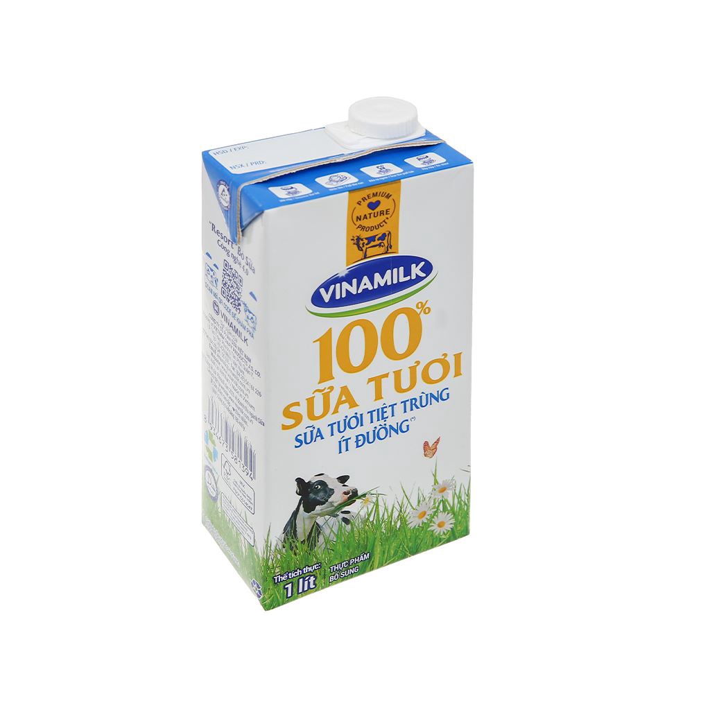 Sữa tươi tiệt trùng Vinamilk 100% Ít đường - Hộp giấy 1L