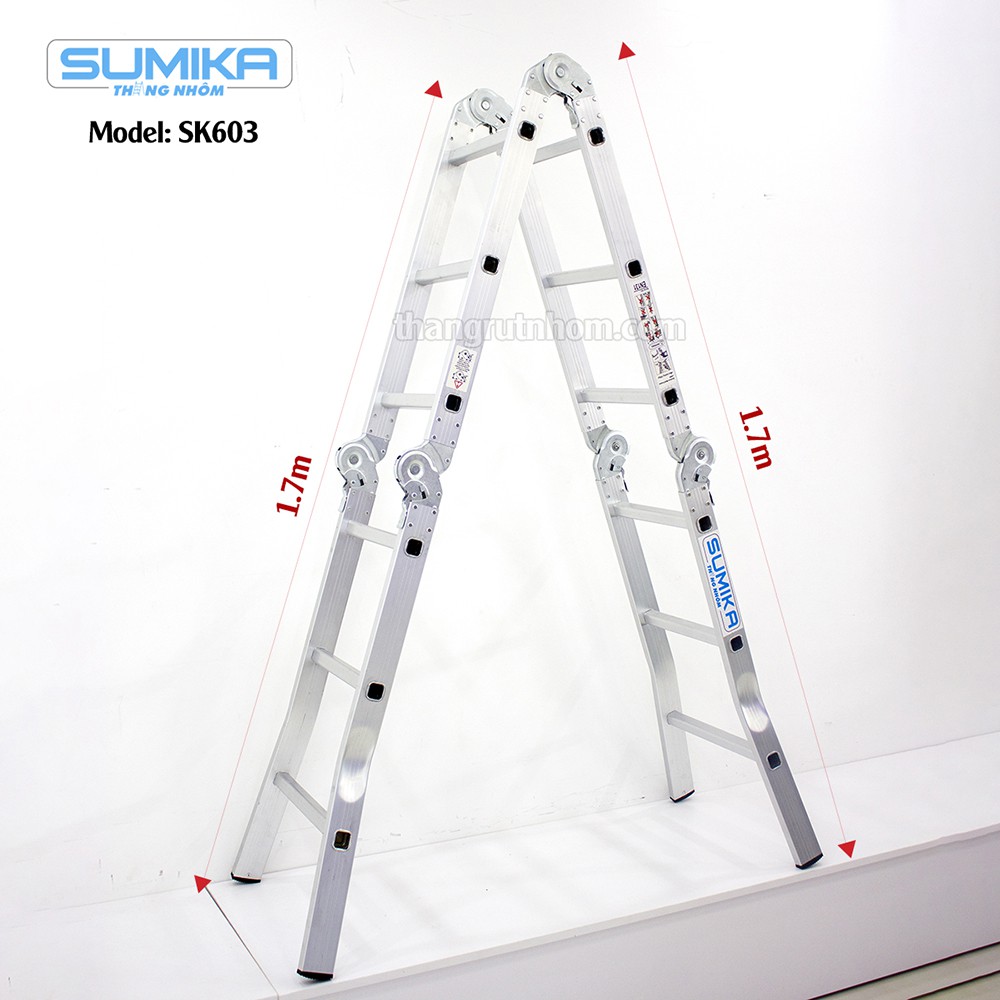 THANG NHÔM GẤP 4 ĐOẠN SUMIKA SK603 (CHỮ A - 1.7M, CHŨ I - 3.4M), 14 TƯ THẾ SỬ DỤNG, TẢI TỌNG 150KG, HỘP KIM NHÔM