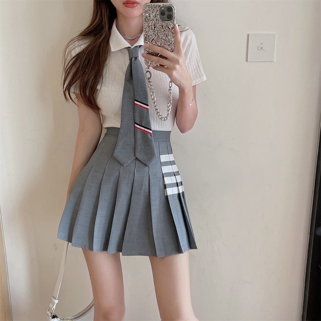 Set áo sơ mi croptop trắng tay ngắn kèm cà vạt xám sọc polo + váy lưng cao tennis xếp ly kẻ ngang ulzzang trẻ trung