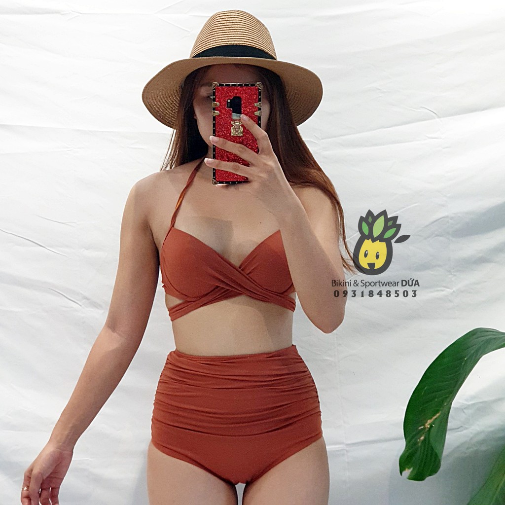 Bikini 2 mảnh cạp cao màu cam đất che bụng | BigBuy360 - bigbuy360.vn