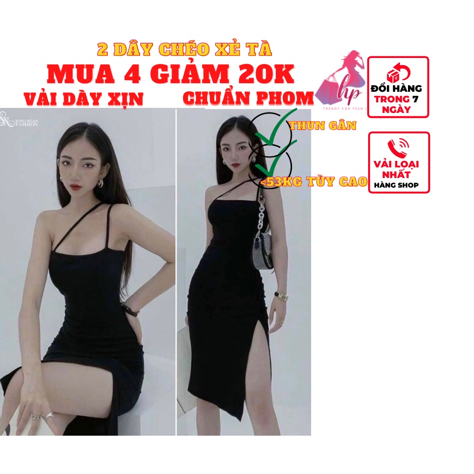 Váy đầm 2 dây nữ đan chéo xẻ tà đùi thun gân xịn màu đen sang chảnh dự tiệc VD130