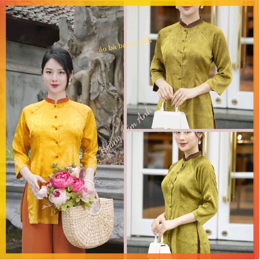 Áo bà ba lụa gấm vân cao cấp đi lễ chùa thiết kế cách tân đồ lam truyền thống hàng loại 1 kèm quần may sẵn
