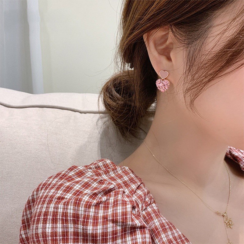 Bông tai hình trái tim đính đá toàn diện phong cách Hàn Quốc cho nữ