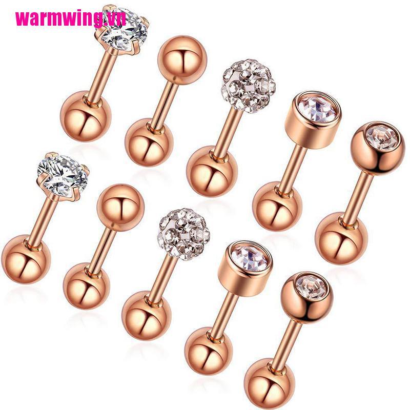 Set 10 Khuyên Tai Bằng Thép Không Gỉ Đính Đá Pha Lê