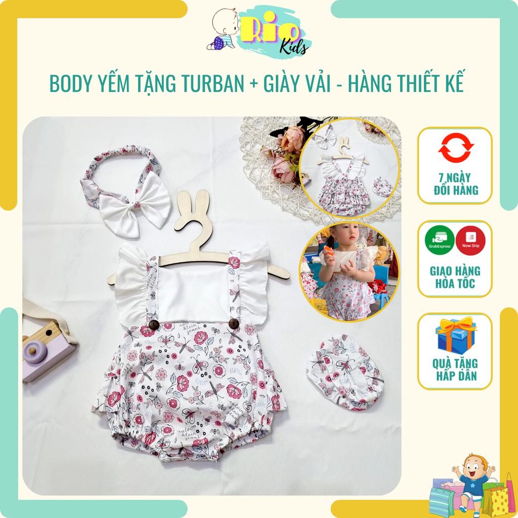 Bodysuit áo liền thân thiết kế dạng yếm tặng Turban và giày vải cho bé gái sơ sinh đến 13kg mặc Lễ Tết - Riokids BD15