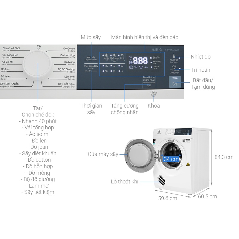 Máy sấy thông hơi Electrolux 8.5 kg EDV854J3WB