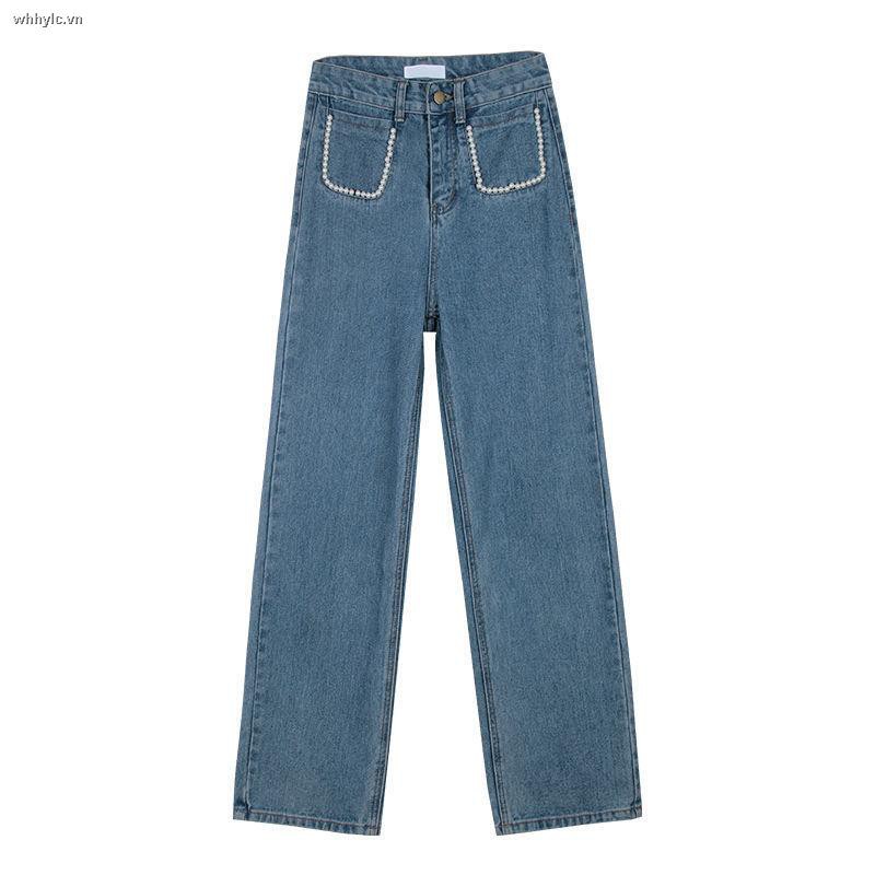 Honypove Quần jeans ống rộng lưng cao đính ngọc trai phong cách Hàn Quốc thời trang mùa hè 2021