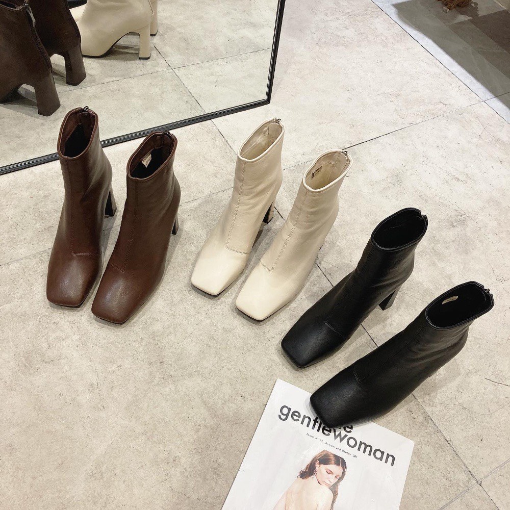Giày bốt thời trang nữ QC ❤️FREESHIP❤️ Boots cổ lửng siêu hot kéo khoá sau da mềm mũi vuông gót vuông 7cm BLE121-1